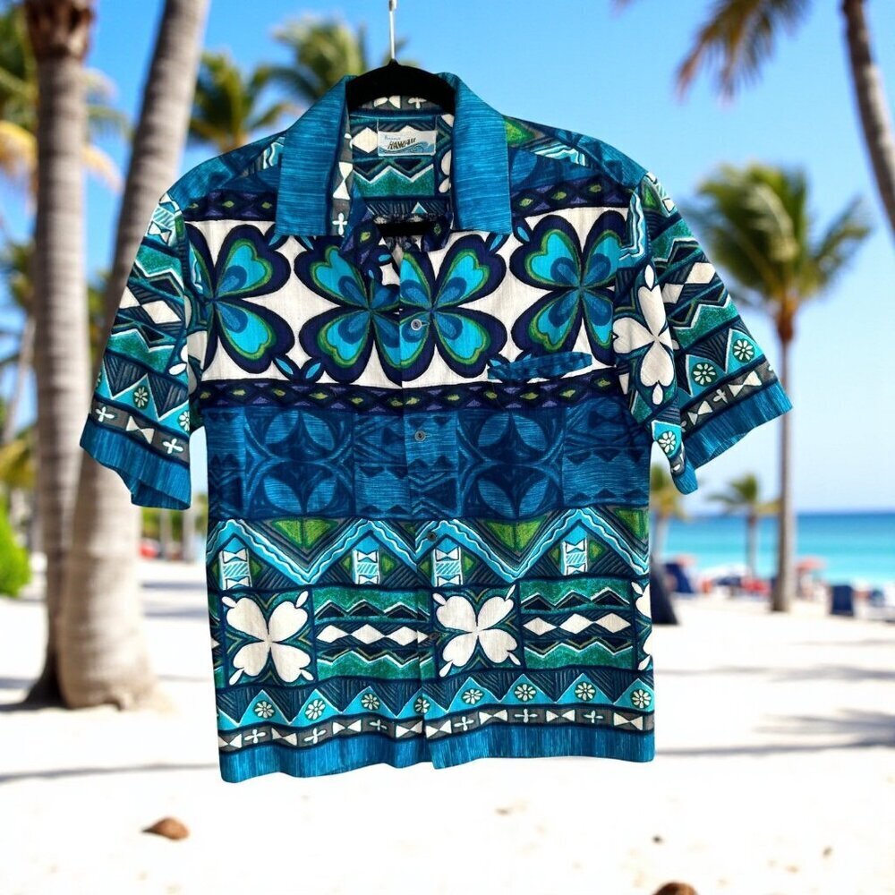 Vintage Penneys Hawaii Blue Tribal Print Barkcloth Shirt